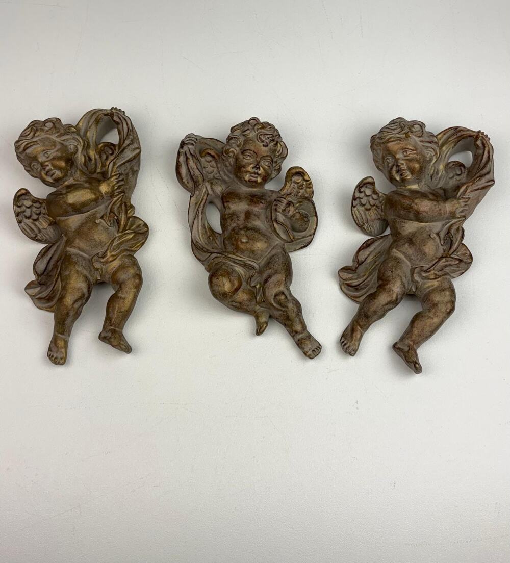 Vintage Angel Cherub Bronze Color Carved Resin Wall Plaques Set of 3 - 9.5in H